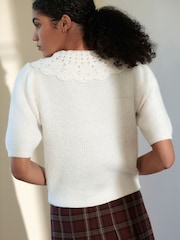 White Crochet Collar Short Sleeve Cardigan - Image 3 of 7