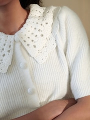 White Crochet Collar Short Sleeve Cardigan - Image 4 of 7