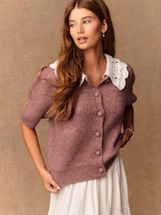 Blush Pink Crochet Collar Short Sleeve Cardigan - Image 1 of 9