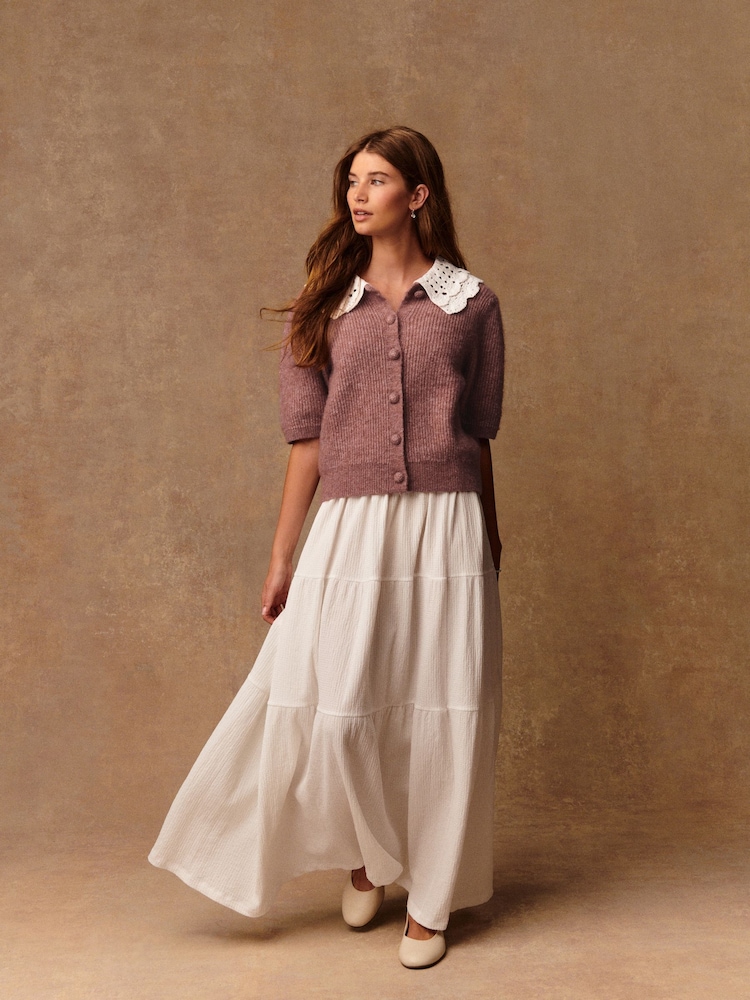 Blush Pink Crochet Collar Short Sleeve Cardigan - Image 2 of 9