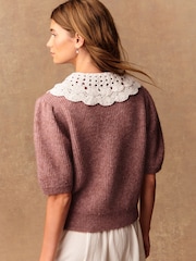 Blush Pink Crochet Collar Short Sleeve Cardigan - Image 3 of 9
