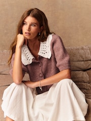 Blush Pink Crochet Collar Short Sleeve Cardigan - Image 4 of 9