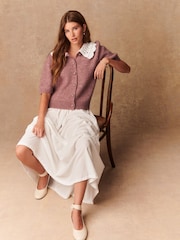 Blush Pink Crochet Collar Short Sleeve Cardigan - Image 5 of 9
