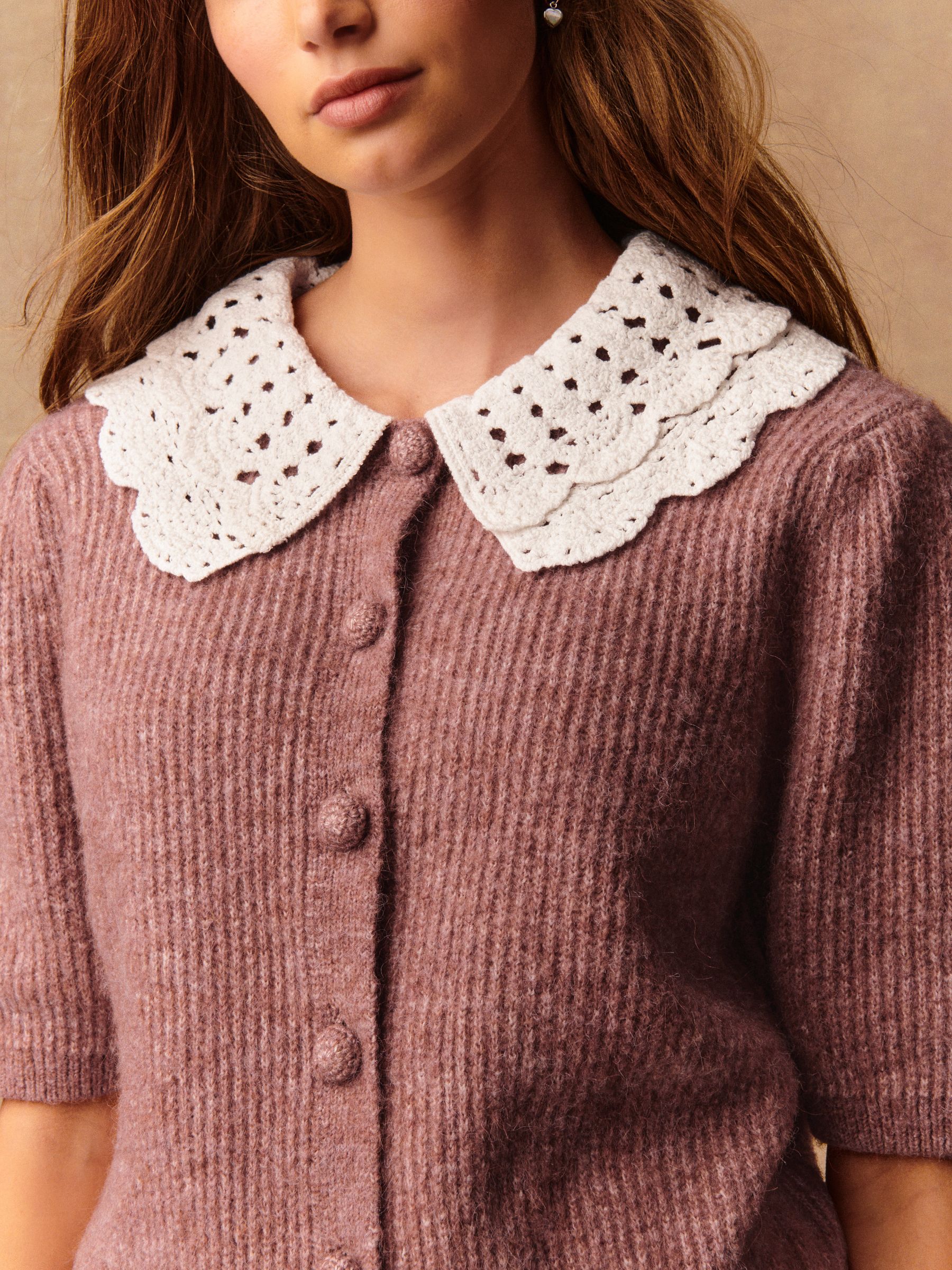 OPEN COLLAR WOOL SHORT ニット Crochet_Short_Sleeve_Cardigan.