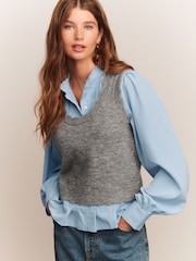 Grey/Blue Ruffle Neck Shirt Layer Knitted Tank - Image 1 of 8
