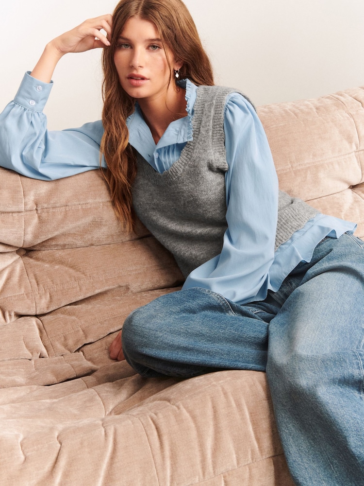 Grey/Blue Ruffle Neck Shirt Layer Knitted Tank - Image 2 of 8