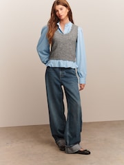 Grey/Blue Ruffle Neck Shirt Layer Knitted Tank - Image 3 of 8