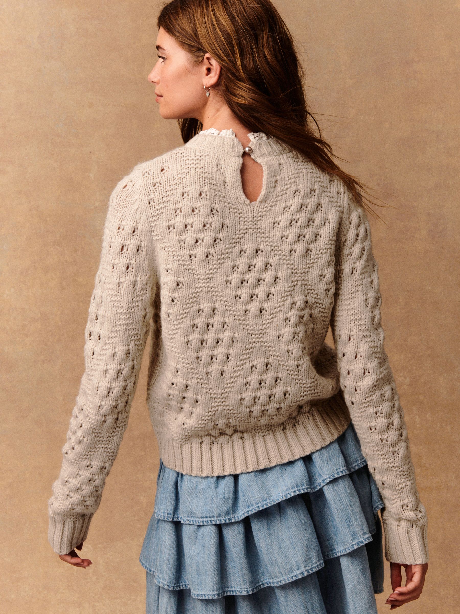 Buy Neutral Frill Collar Stitch Detail Jumper With Wool from the