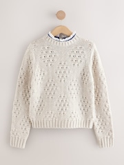 Neutral Frill Collar Stitch Detail Jumper With Wool - Image 6 of 8