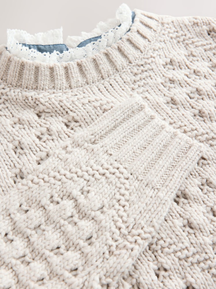 Neutral Frill Collar Stitch Detail Jumper With Wool - Image 8 of 8