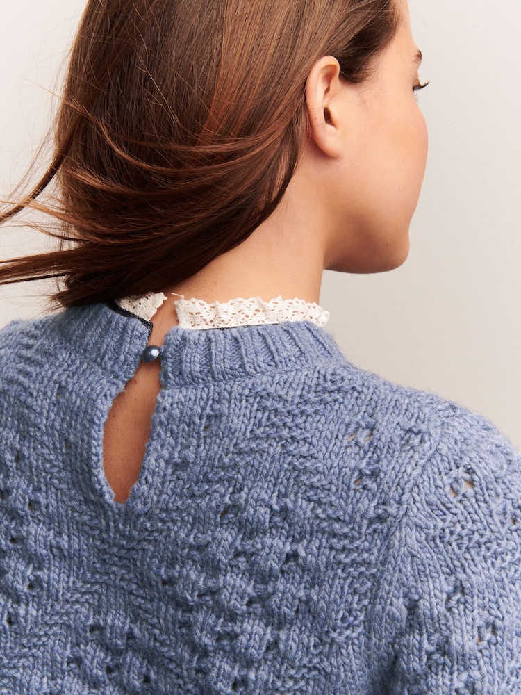 Pull Fylo Bleu Avec Dentelle - Taille L - Coton Mélangé - Occasion Très Bon état