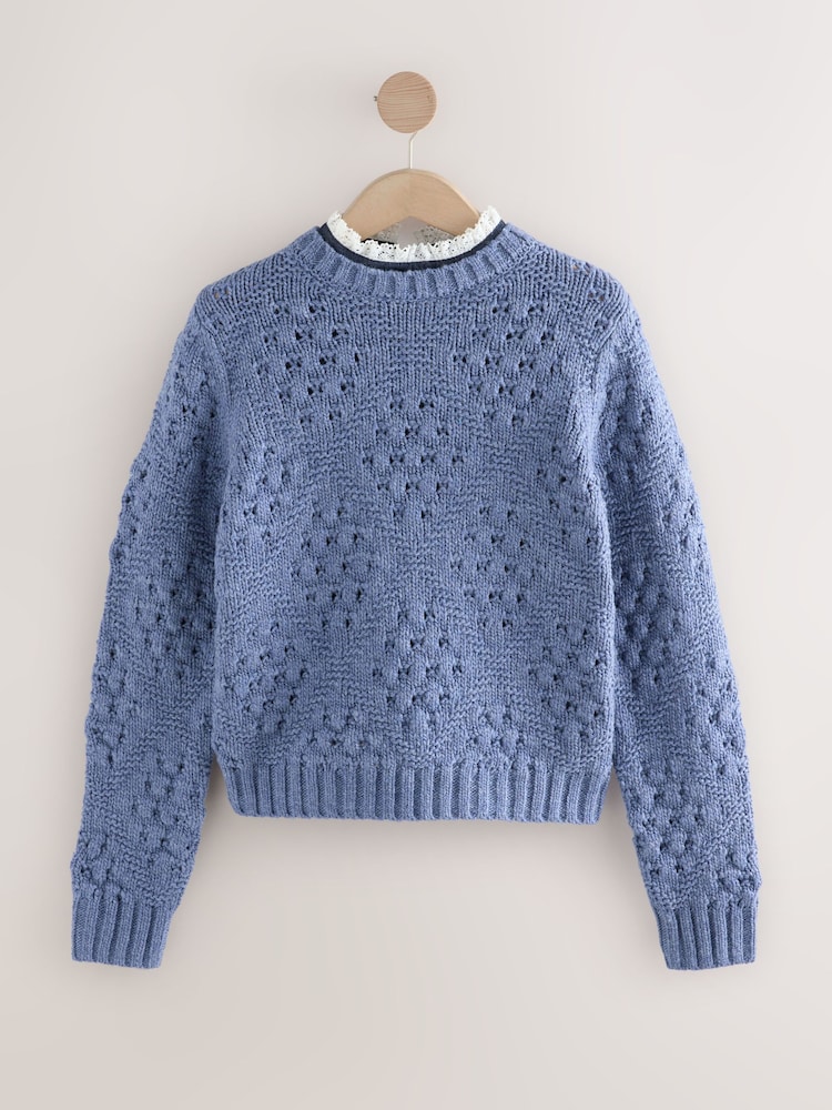 Blue Chambray Frill Collar Stitch Detail Jumper With Wool - Image 9 of 9