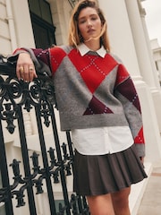 Grey Multi Argyle Shirt Layer Knitted Jumper With Wool - Image 1 of 6