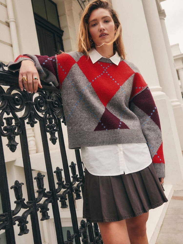Grey Multi Argyle Shirt Layer Knitted Jumper With Wool - Image 1 of 6
