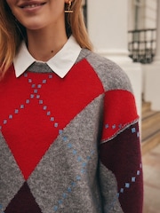 Grey Multi Argyle Shirt Layer Knitted Jumper With Wool - Image 3 of 6