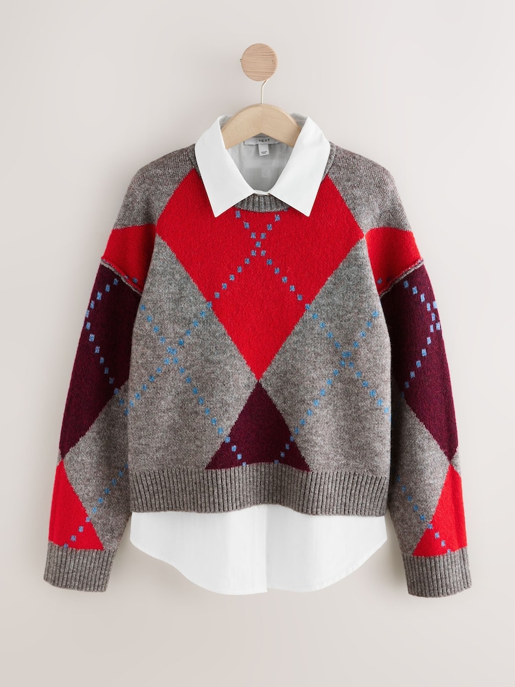 Buy Grey Multi Argyle Shirt Layer Knitted Jumper With Wool from