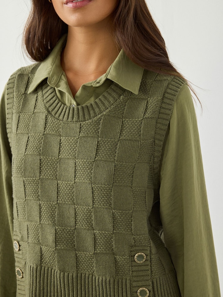 Khaki Green Knitted Tank Shirt Layer With Button Detail - Image 2 of 10
