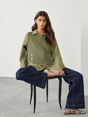 Khaki Green Knitted Tank Shirt Layer With Button Detail - Image 4 of 10