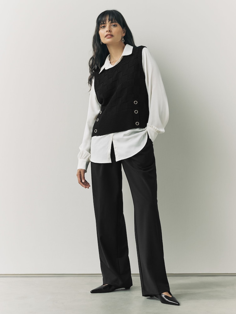 Black Knitted Tank Shirt Layer With Button Detail - Image 1 of 7