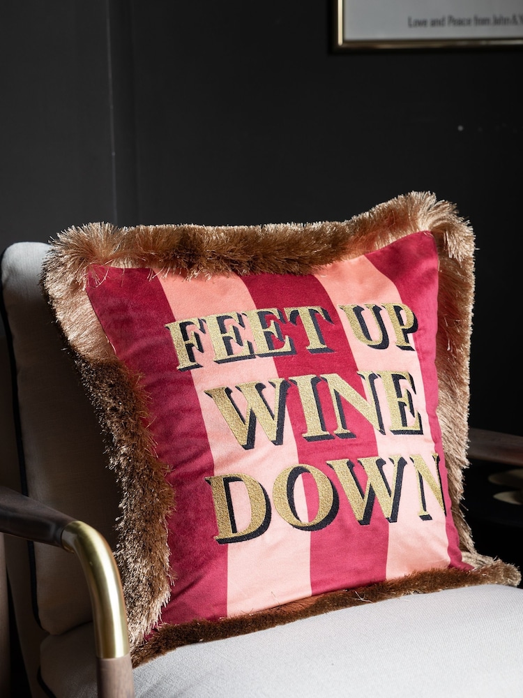 Rockett St George Feet Up Wine Down Stripe Velvet Feather Fillec Cushion - Image 1 of 6