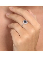 The Diamond Store 925 Silver Sapphire Ring With Lab Diamond 7 x 5mm Halo Set - Image 3 of 6