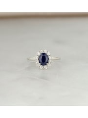 The Diamond Store 925 Silver Sapphire Ring With Lab Diamond 7 x 5mm Halo Set - Image 5 of 6