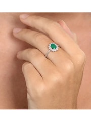 The Diamond Store 925 Silver Emerald With Lab Diamond Halo 7 x 5mm Set Ring - Image 4 of 5