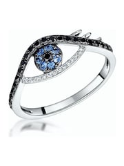 The Diamond Store 9K White Gold Diamond Sapphire Evil Eye Hamsa Stellato Ring - Image 1 of 5