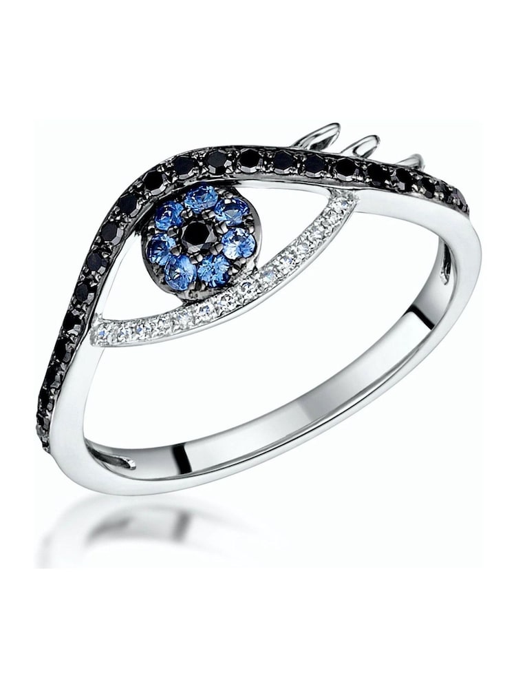 The Diamond Store 9K White Gold Diamond Sapphire Evil Eye Hamsa Stellato Ring - Image 1 of 5