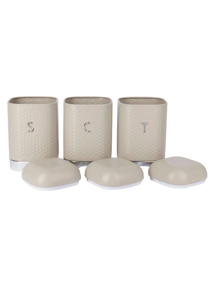Kitchencraft Cream Textured Geometric Canisters Tea Coffee Sugar Set - Image 5 of 6