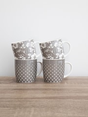 Kitchencraft Set of 4 Grey Floral Polka Dot Ceramic Mugs - Image 1 of 6