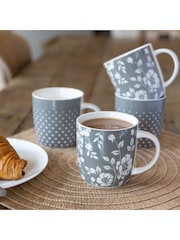 Kitchencraft Set of 4 Grey Floral Polka Dot Ceramic Mugs - Image 2 of 6