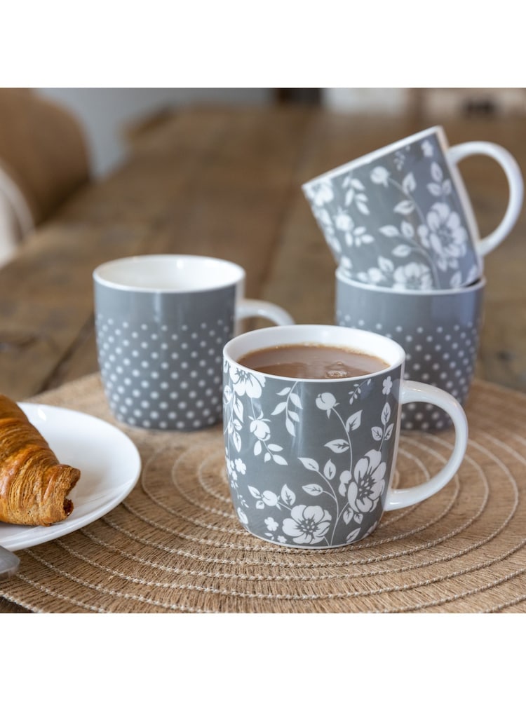 Kitchencraft Set of 4 Grey Floral Polka Dot Ceramic Mugs - Image 2 of 6