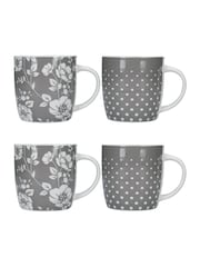 Kitchencraft Set of 4 Grey Floral Polka Dot Ceramic Mugs - Image 4 of 6