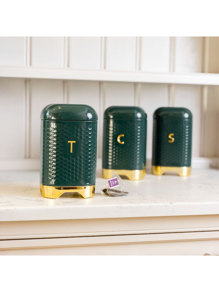 Kitchencraft Green Textured Geometric Tea Coffee Sugar Canisters Set - Image 1 of 6