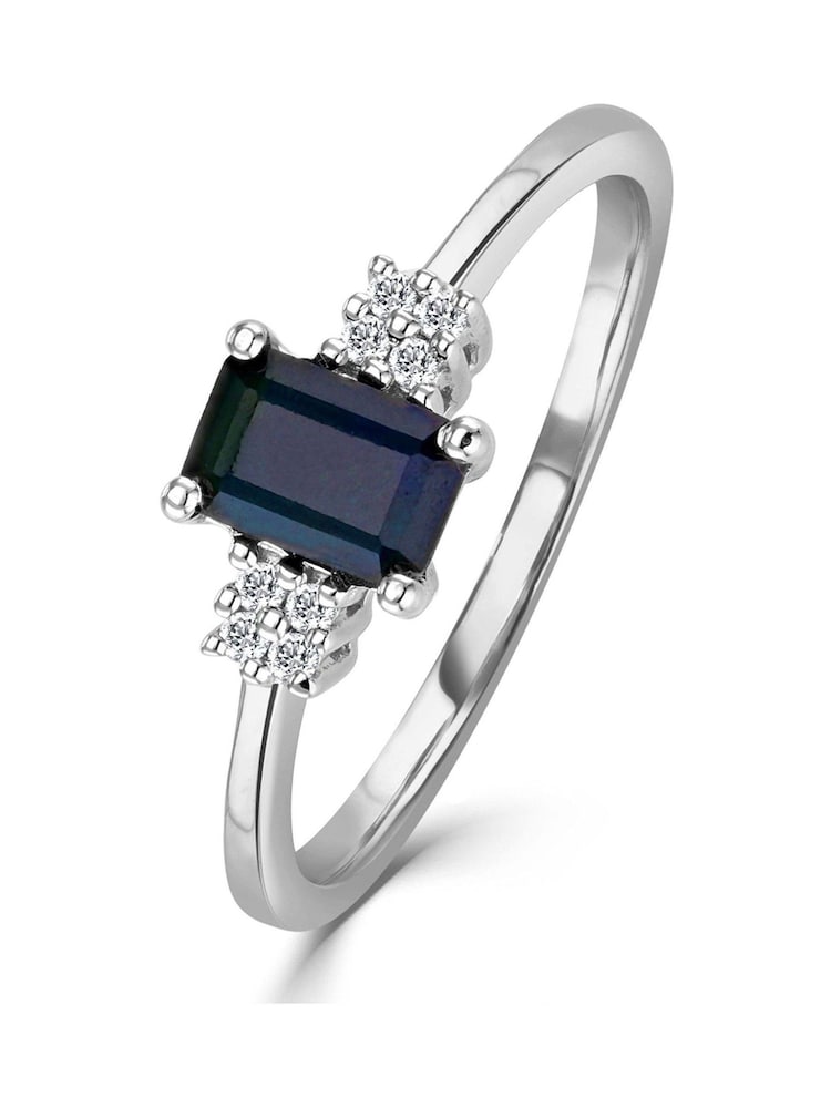 The Diamond Store 9K White Gold Sapphire 6 x 4mm And Diamond Ring - Image 1 of 6