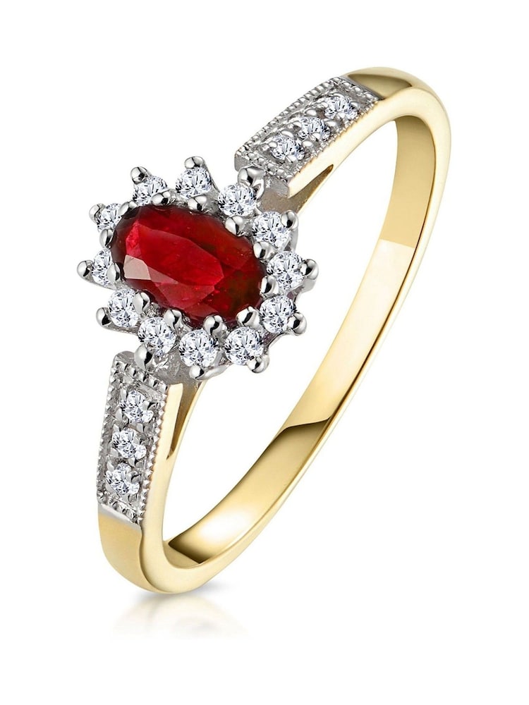 The Diamond Store Red Ruby 5 x 3mm And Diamond 9K Gold Ring - Image 1 of 6 The Diamond Store Red Ruby 5 x 3mm And Diamond 9K Gold Ring - Image 1 of 6