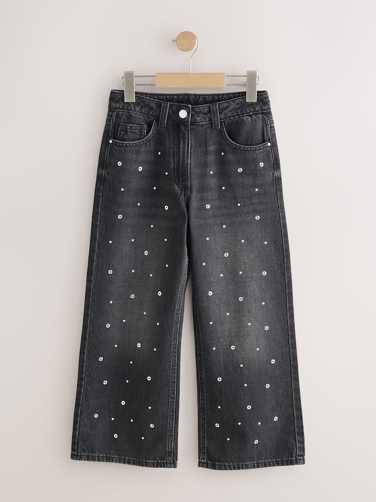 Charcoal Grey Stud Embellished Wide Leg Jeans (3-16yrs) - Image 1 of 4