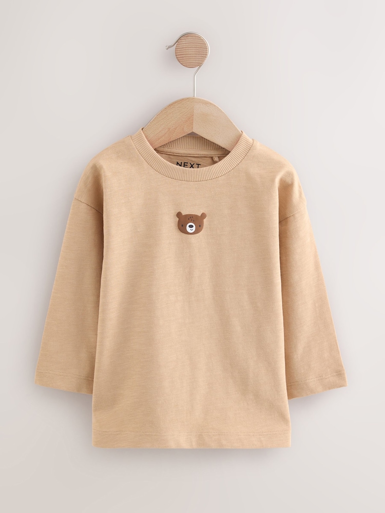 Tan Brown Bear Long Sleeves Semi Plain T-Shirt (3mths-7yrs) - Image 1 of 4