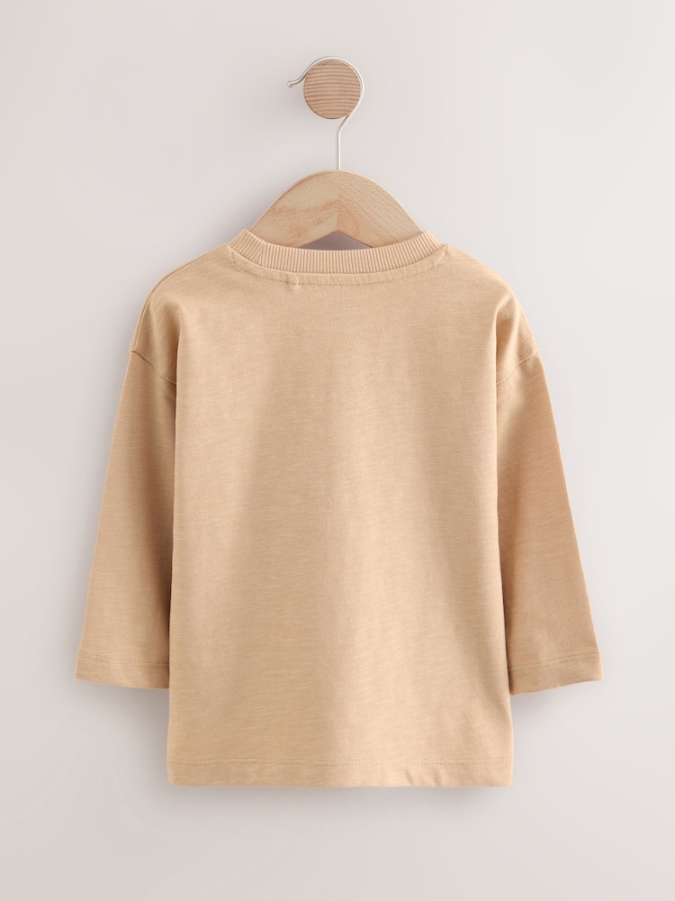 Tan Brown Bear Long Sleeves Semi Plain T-Shirt (3mths-7yrs) - Image 2 of 4