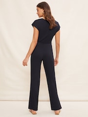 Friends Like These Blue Jersey Wide Leg Wrap Style V-Neck Summer Jumpsuit - Image 2 of 4