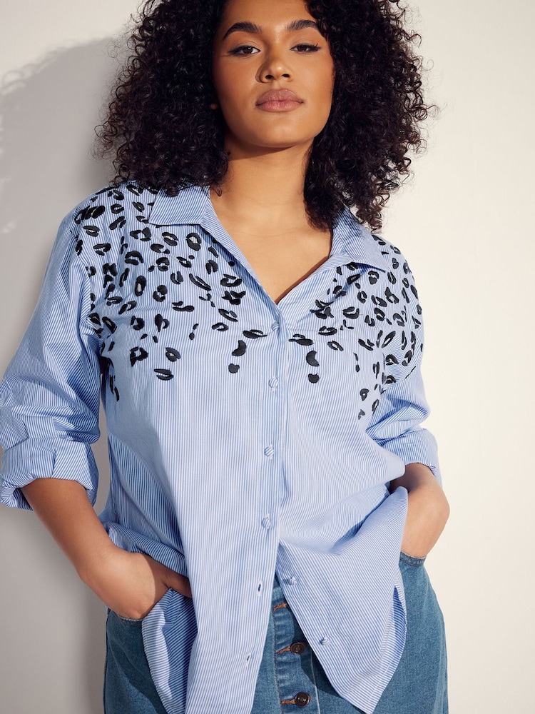 Evans Blue Stripe Embroidered 100% Cotton Shirt - Image 1 of 7