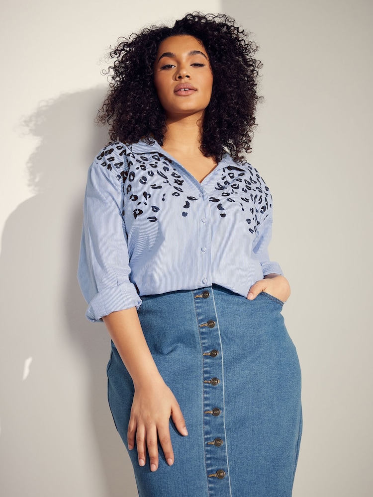 Evans Blue Stripe Embroidered 100% Cotton Shirt - Image 4 of 7