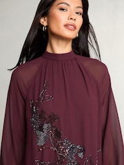 Lipsy Red Petite Long Sleeve Hand Embellished Artwork Mini Shift Dress - Image 2 of 4