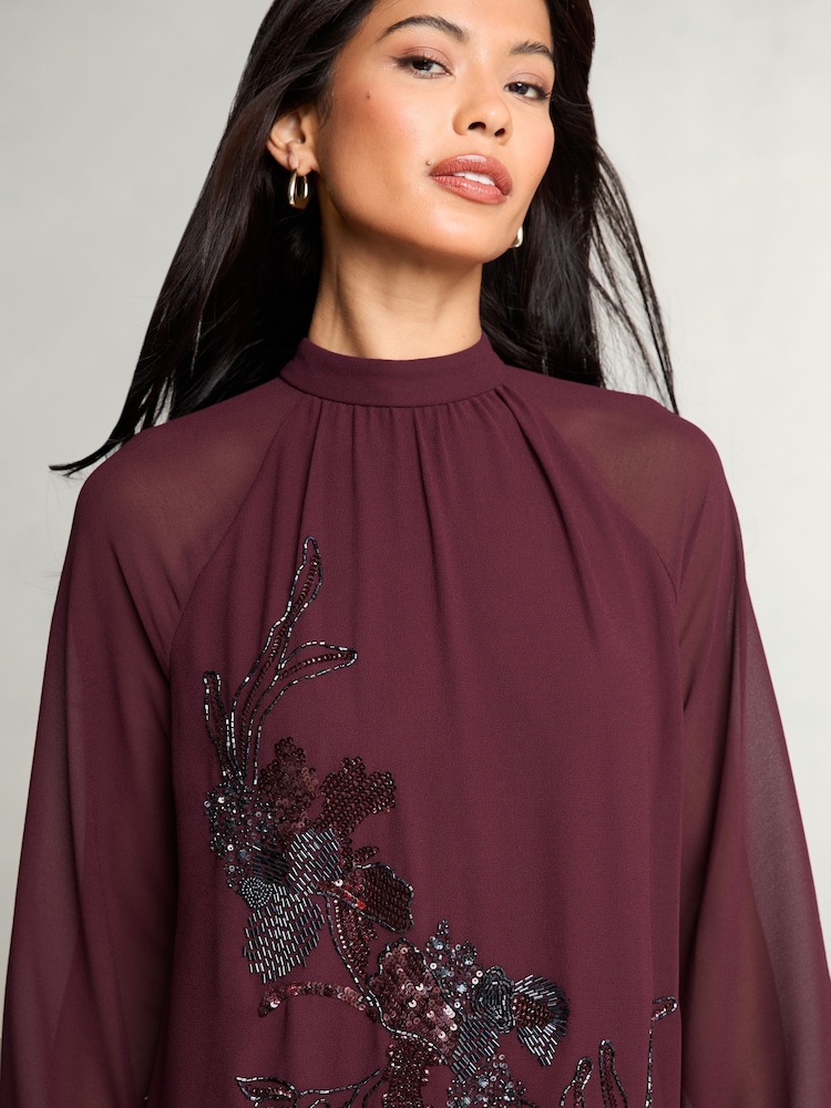 Lipsy Red Petite Long Sleeve Hand Embellished Artwork Mini Shift Dress - Image 2 of 4