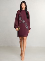 Lipsy Red Petite Long Sleeve Hand Embellished Artwork Mini Shift Dress - Image 3 of 4