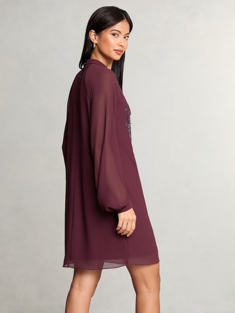 Lipsy Red Petite Long Sleeve Hand Embellished Artwork Mini Shift Dress - Image 4 of 4