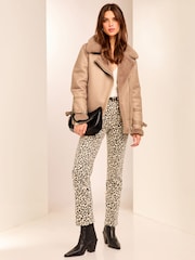 Lipsy Neutral Faux Fur Lined Aviator Style Jacket - Image 1 of 5