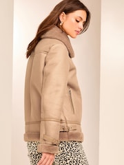 Lipsy Neutral Faux Fur Lined Aviator Style Jacket - Image 5 of 5