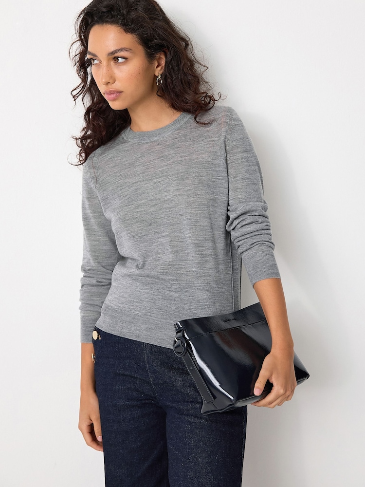 Grey 100% Merino Wool Long Sleeve Crew Neck Jumper - Image 1 of 7